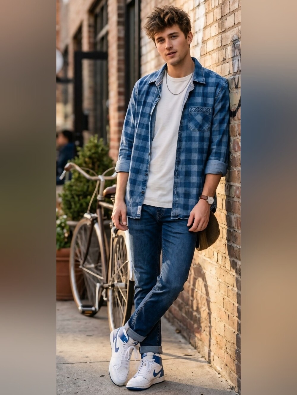 Casual Blue 90s Skater Look Checkered Plaid Grunge Denim Shirt Jacket